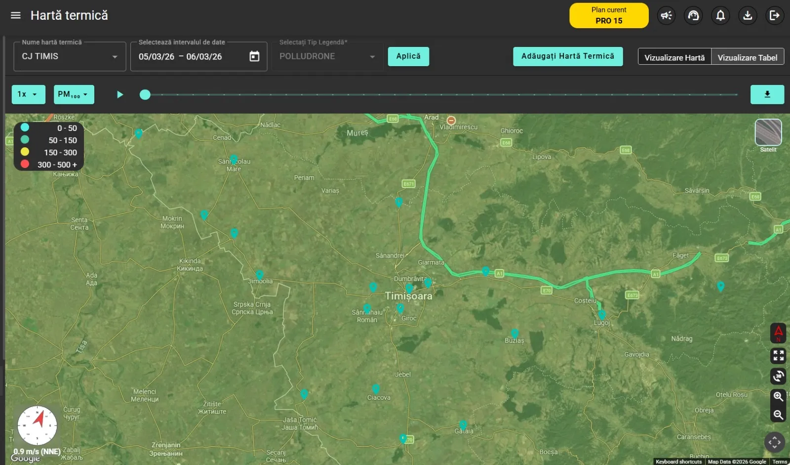 The Envizom heat-map dashboard for the Timiș County (CJ Timiș) Polludrone network, showing particulate-matter levels across the Romania–Serbia border