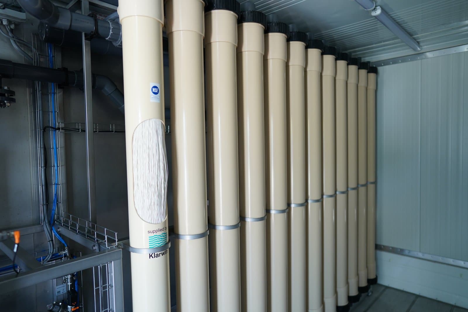 Klarwin-supplied ultrafiltration membrane rack inside a containerized treatment station