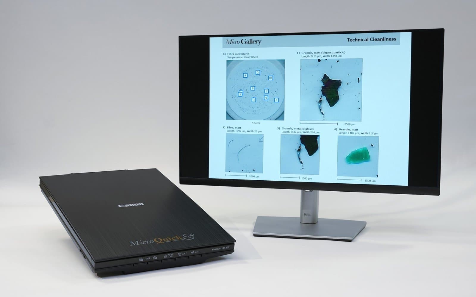 RJL MicroQuick particle scanner connected to a monitor displaying the technical cleanliness gallery