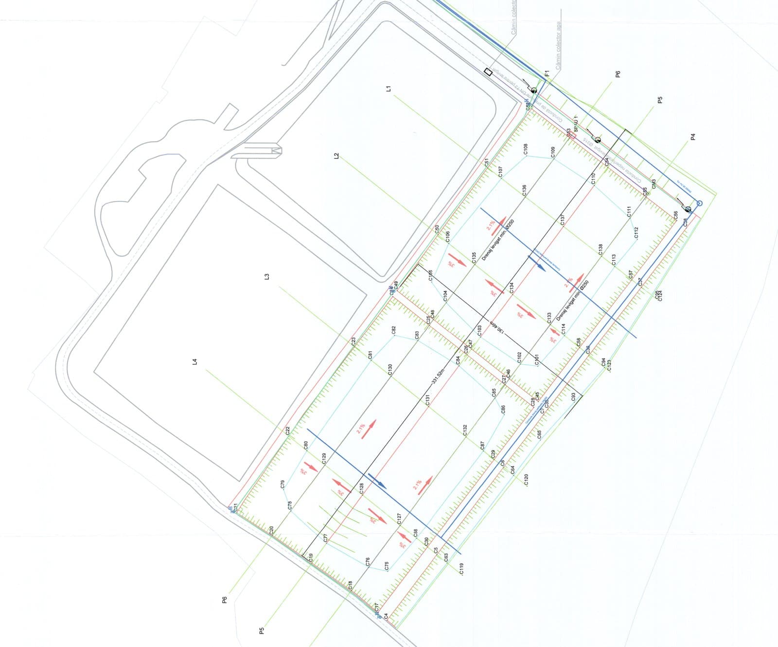 Klarwin landfill cell layout drawing — leachate drainage routing and cell-filling sequence