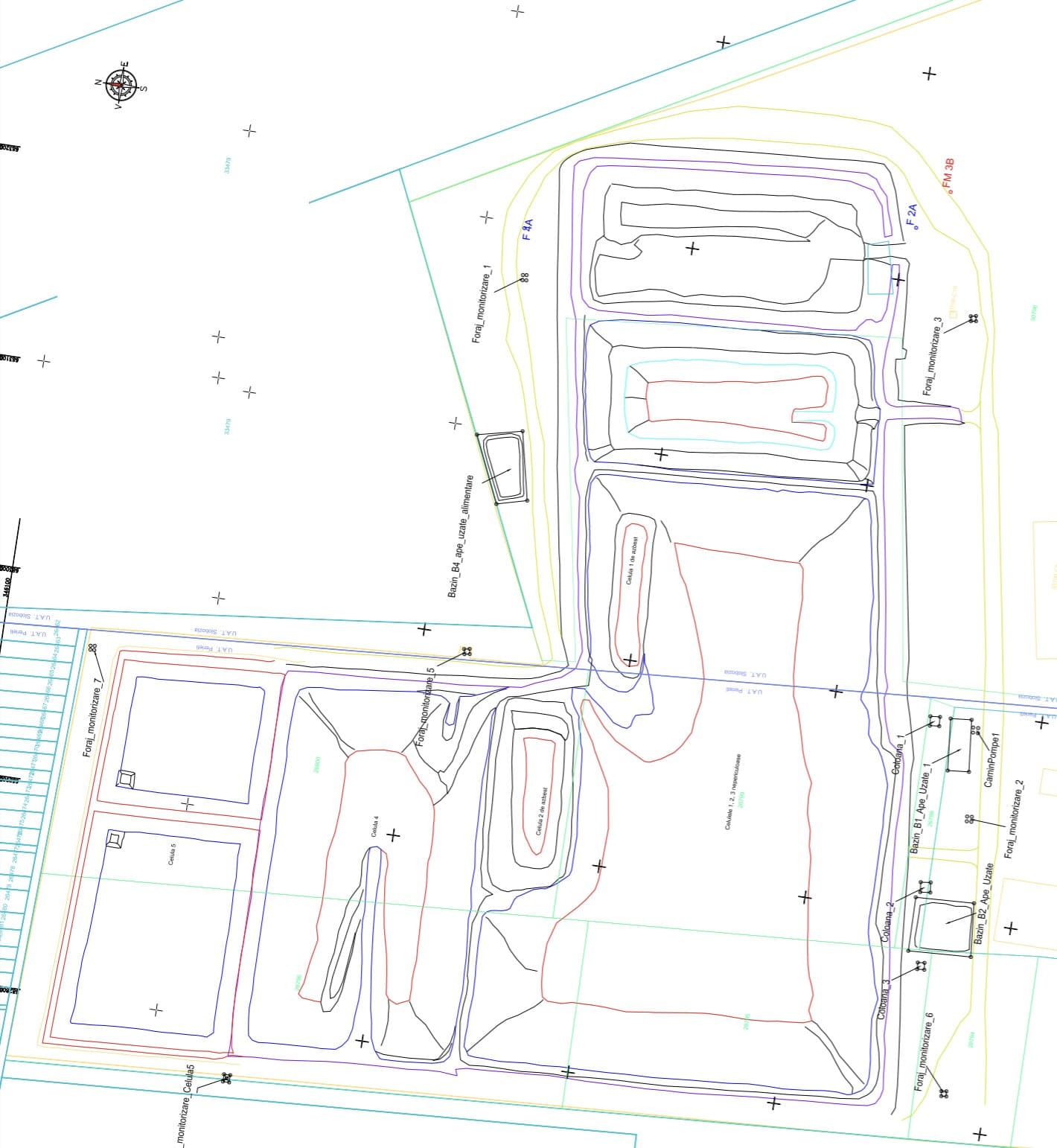 Klarwin landfill technical drawing — cell contours, monitoring boreholes and wastewater basins layout