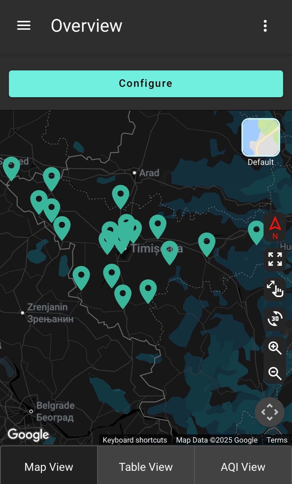 Harta de ansamblu din Envizom cu cele 20 de stații Polludrone distribuite în județul Timiș, în apropierea graniței România–Serbia