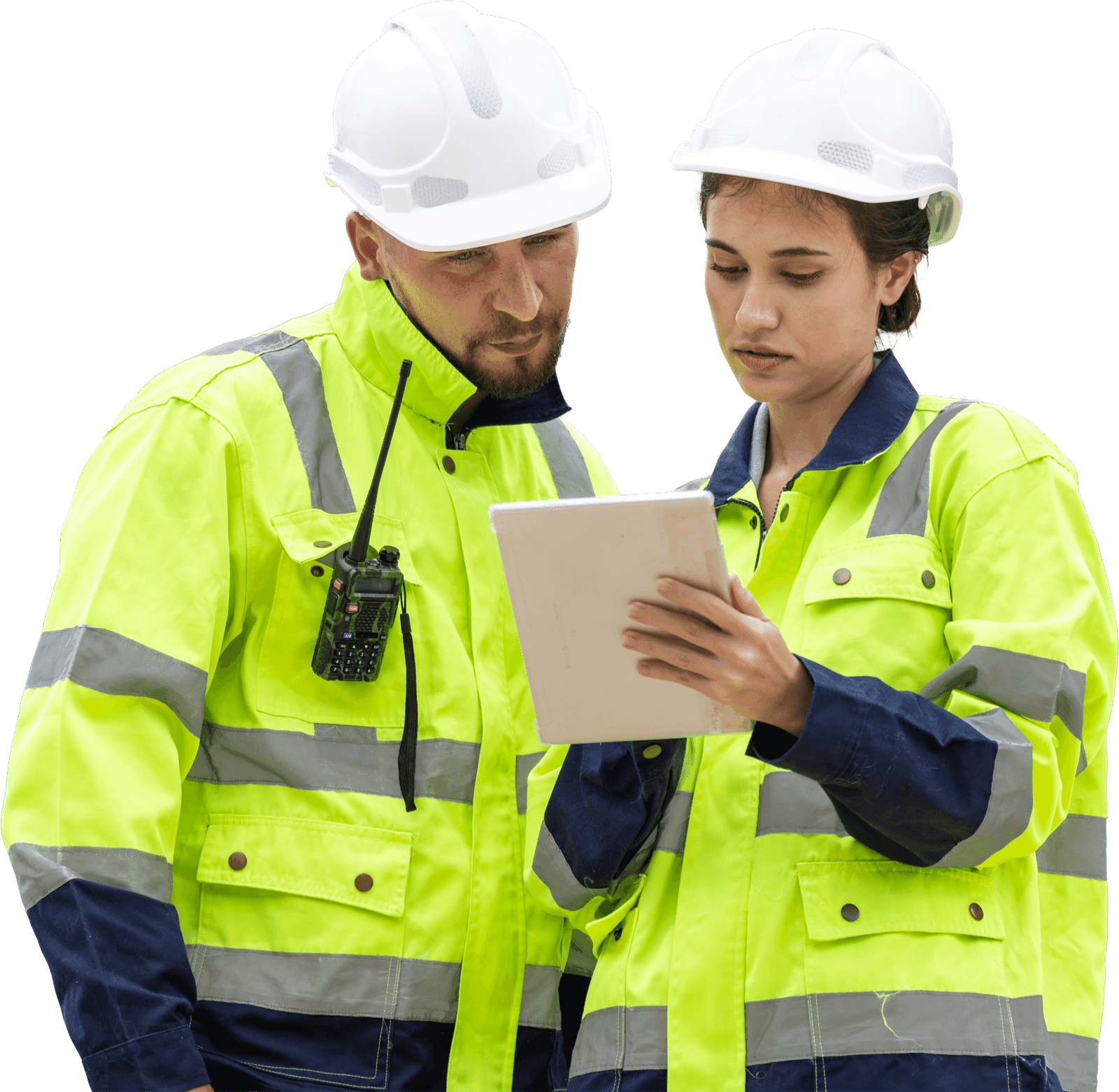 Two Klarwin engineers reviewing water data on a tablet on site