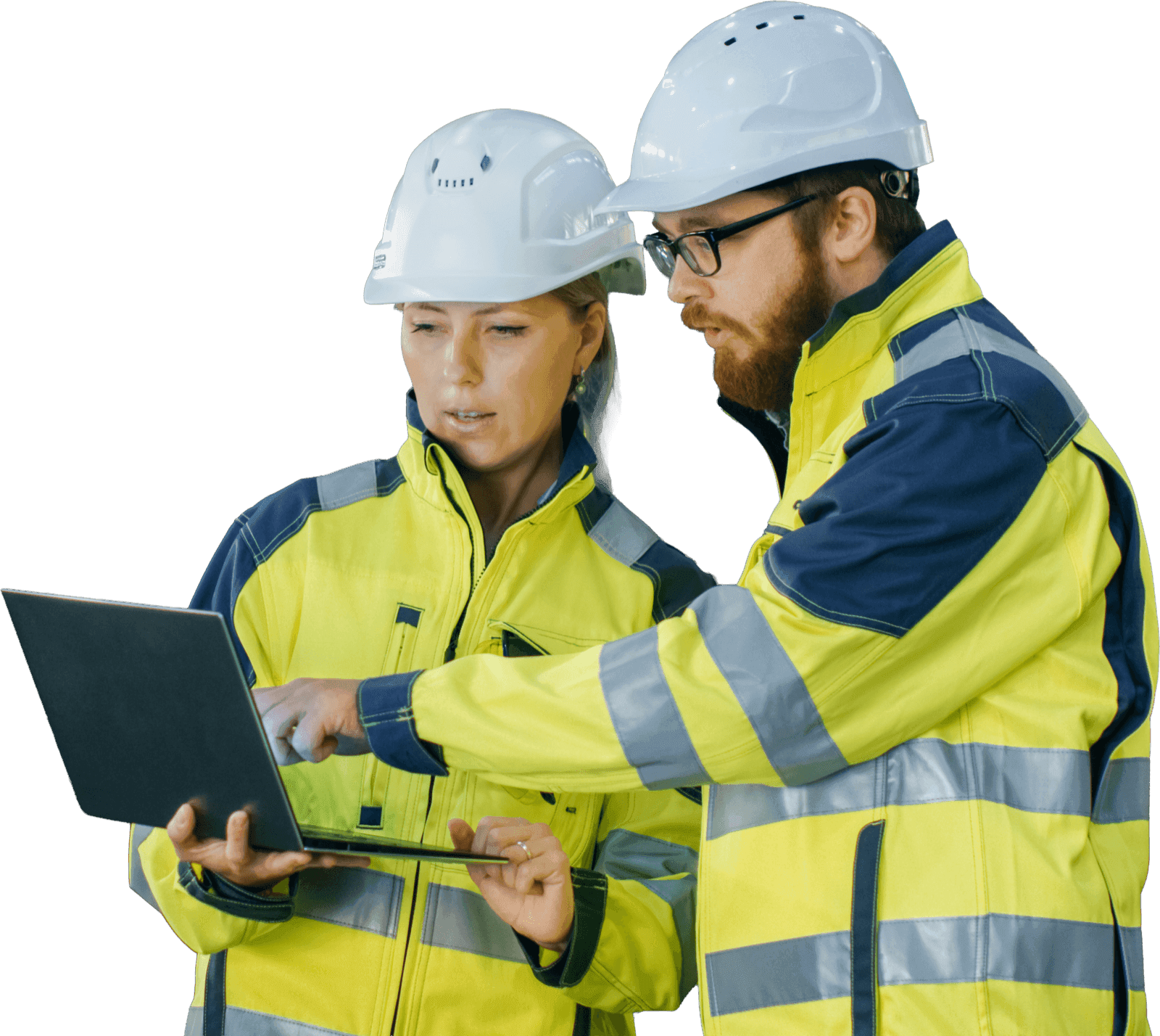 Two Klarwin Technik engineers reviewing data on a laptop