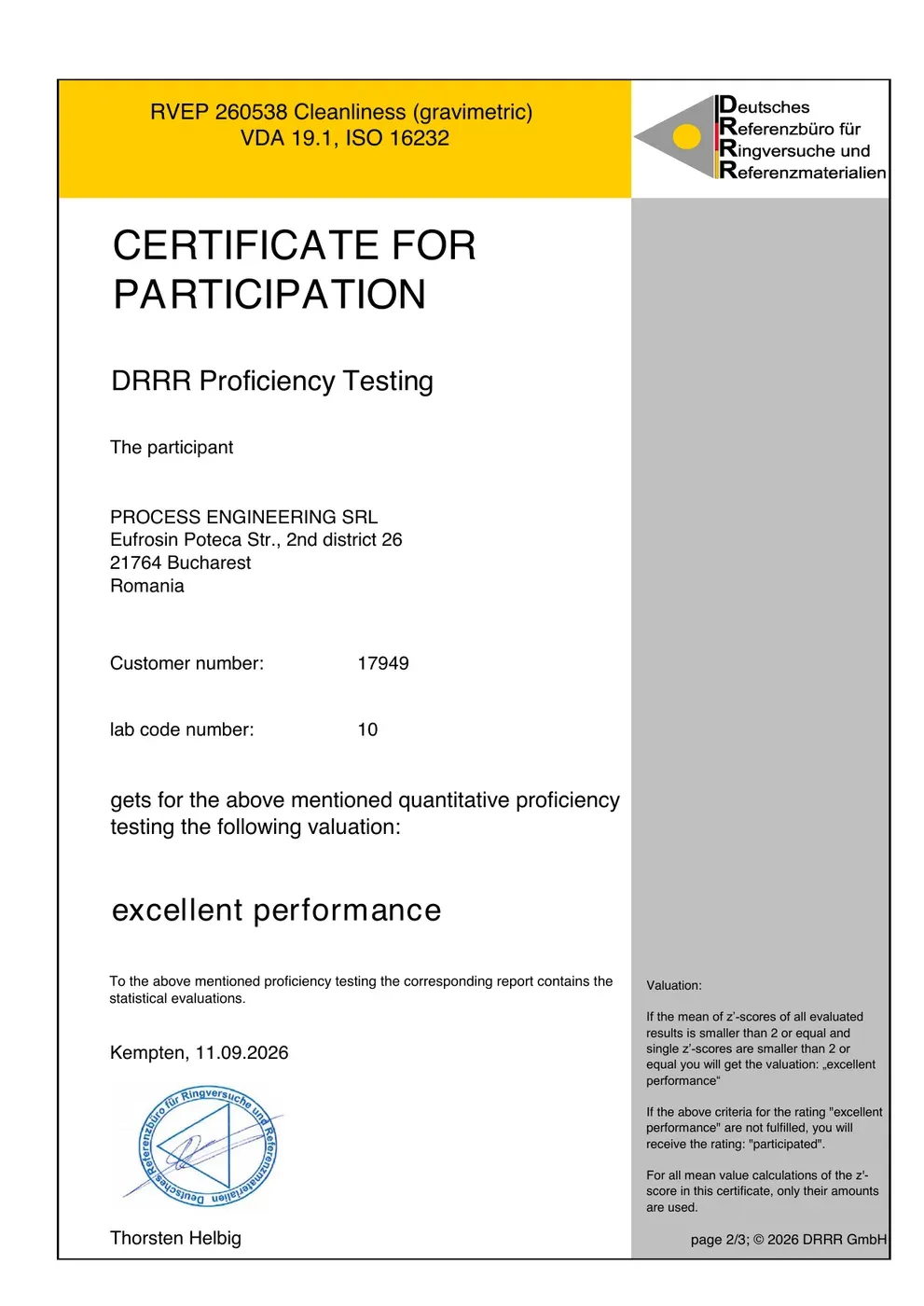 Certificatul de participare DRRR care confirmă calificativul „excellent performance” pentru laboratorul Klarwin