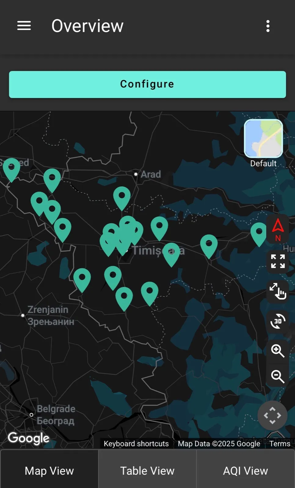 Harta de ansamblu din Envizom cu cele 20 de stații Polludrone distribuite în județul Timiș, în apropierea graniței România–Serbia